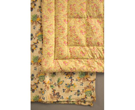 Two mid-century blankets. A paisley Eiderdown blanket, in lemon yellow poplin with multi-coloured pattern, 56x36 ' approx., t