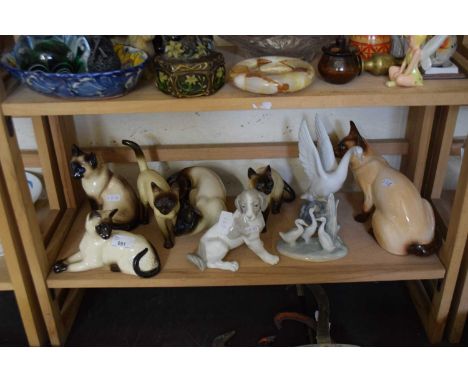 VARIOUS MIXED ORNAMENTS OF SIAMESE CATS, A NAO MODEL SWAN AND OTHERS