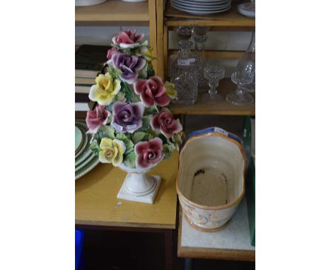 MODERN PORCELAIN VASE OF ROSES TOGETHER WITH A BASKET SHAPED PLANTER (2)