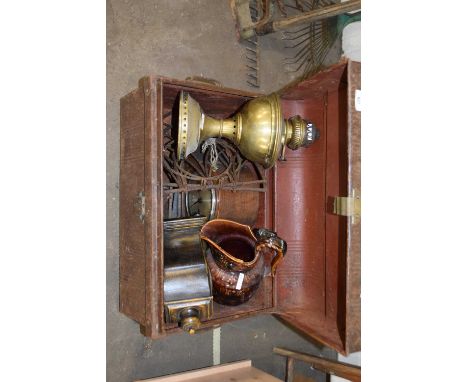 METAL TRUNK CONTAINING MANTEL CLOCKS, OIL LAMP BASE ETC