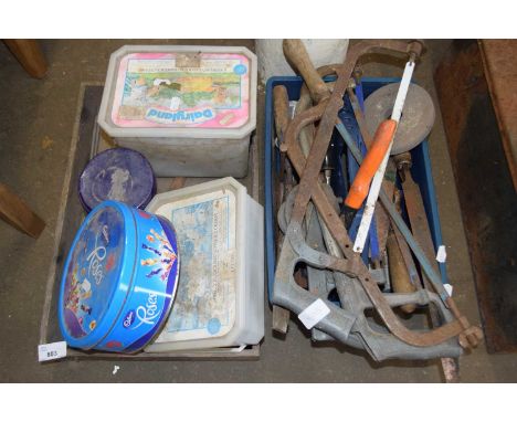 TWO BOXES OF TOOLS, GARAGE CLEARANCE ITEMS ETC