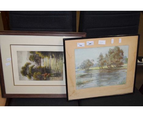 HERBERT OAKES, WATERCOLOUR STUDY, ANGLER BY A RIVERBANK, TOGETHER WITH FURTHER COLOURED PRINT 'PLAYING A TROUT', BOTH F/G (2)