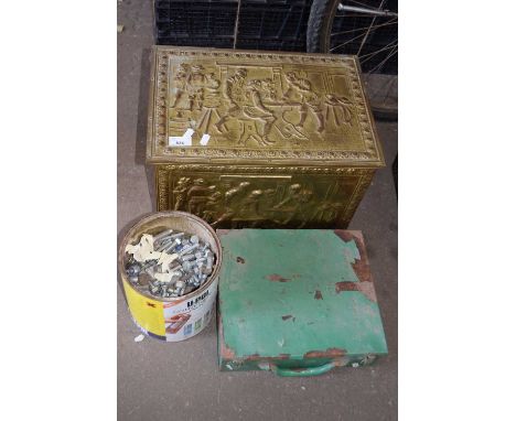 TWO BOXES AND TIN OF VARIOUS TOOLS, JUMP LEADS, SPANNERS ETC