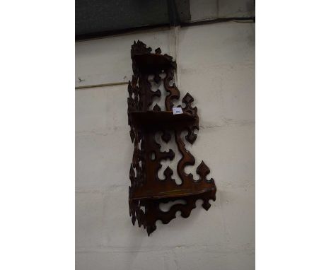 HARDWOOD THREE TIER WALL SHELF WITH GOTHIC DETAIL, 70CM HIGH