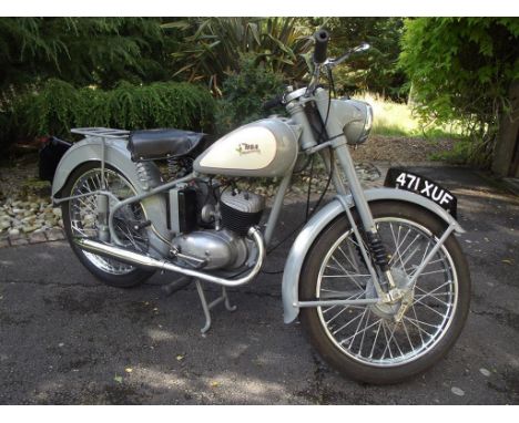 A 1955 BSA Bantam D3, registration number 471 XUF, grey and cream. The Bantam D3 featured a larger 150cc engine and plunger r