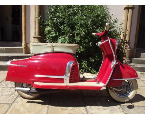 A 1959 NSU Prima 3 scooter, registration number 946 XUT, red. This charming scooter has formed part of a private collection i