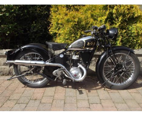 A 1938 SOS DC, registration number PSJ 680, frame number DC 2019, engine number RYR 594, black and chrome. This rare 249cc wa