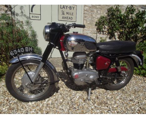 A 1963 Royal Enfield Crusader Sports, registration number 6940 BH, chrome and red. Introduced in 1959, the Crusader featured 