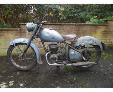 A circa 1952 Peugeot 55 GLT twin port 125cc, blue. This rare lightweight motorcycle is offered for auction as an oily rag res