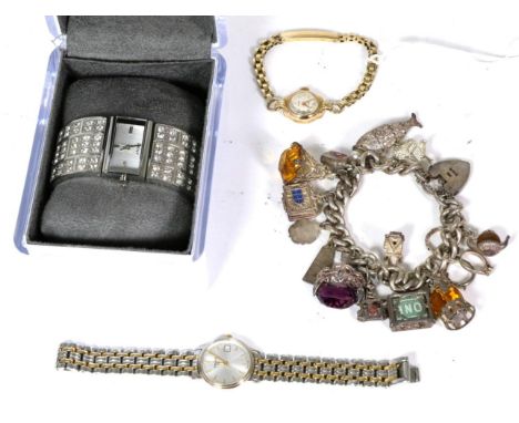 A Centaur 9 carat gold wristwatch, on a 9 carat gold strap; a stainless steel Tissot watch; a DKNY watch and a charm bracelet