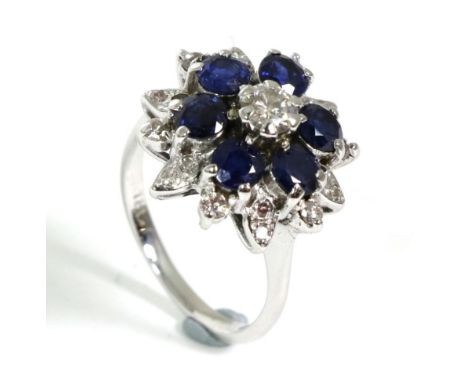 A sapphire and diamond cluster ring, a round brilliant cut diamond within a border of round cut sapphires and diamond set 'pe