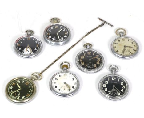 Seven military pocket watches, two signed Waltham, Damas, Leonidas and three unsigned, case backs with the broad arrow milita