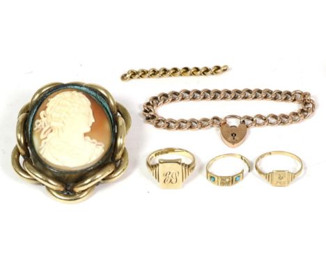 A Victorian cameo brooch, depicting a contemporary female bust, in a gilt knot frame, measures 6cm by 5cm; a 9 carat gold sig