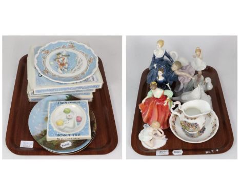 Assorted decorative ceramics including snowman plates, two Royal Doulton ballet figures, three lady figures, Nao figures, Ger