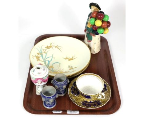 A small Meissen twin handled pedestal vase, painted with birds and insects; three Mintons plates including an Aesthetic examp