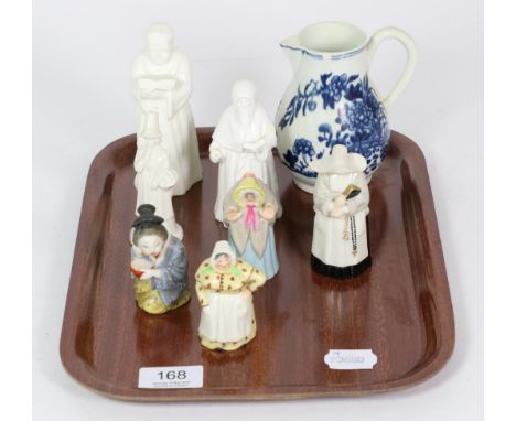 Two Royal Worcester candle snuffers, nun and granny, puce backstamp, three white glazed candle snuffers, two other candle snu