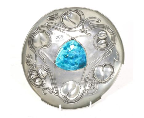 An Art Nouveau Achille Gamba enamelled pewter Bollellin dish, after a design by Archibald Knox, with whiplash leaves around a