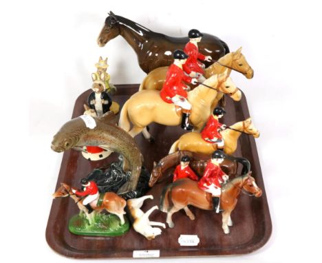 Beswick trout, three Royal Doulton Bunnykins, huntsmen figures etc 