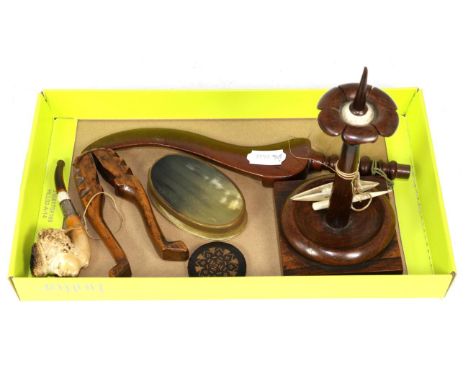 Assorted collectables comprising: a treen knitting sheath; a horn snuff box; Tunbridge ware pin wheel; Meerschaum; treen nut 