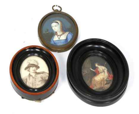 A portrait miniature of a lady in a blue dress, probably 19th century; another miniature study of a classical figure; and a p