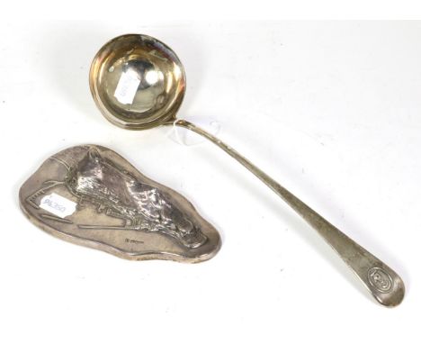 An 18th century silver soup ladle, marks indistinct, probably George Smith, and a silver topographical menu holder modelled i