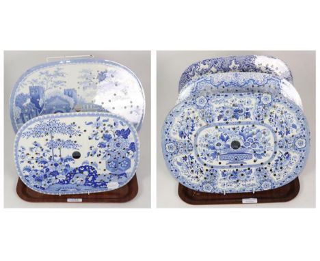A Spode Castle pattern transfer printed blue and white drainer, together with four other 19th Century blue and white drainers
