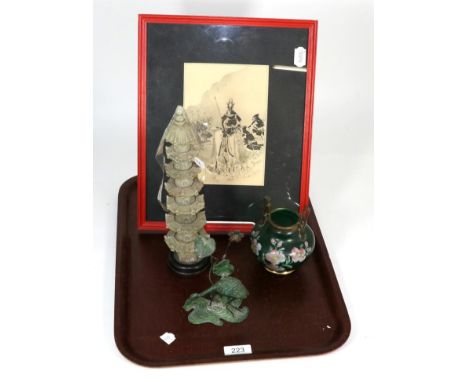A 20th century carved soapstone pagoda on stand, 28cm high; a bronzed stork on naturalistic base; an enamelled glass vase and