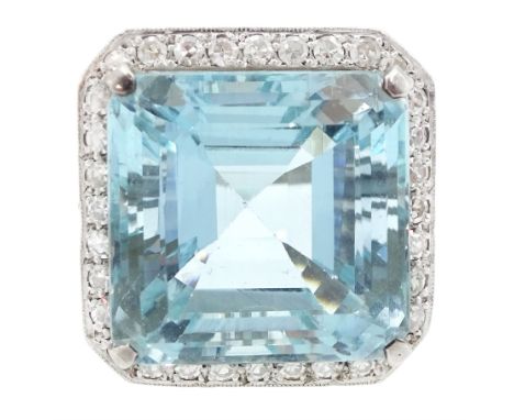White gold square cut aquamarine and single cut diamond cluster ring, with fancy openwork gallery, aquamarine approx 26.45 ca