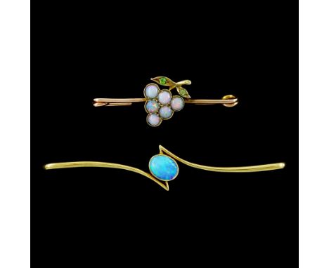 Early 20th century 9ct rose gold opal and demantoid garnet grape vine brooch and a gold single stone opal brooch, stamped 15c