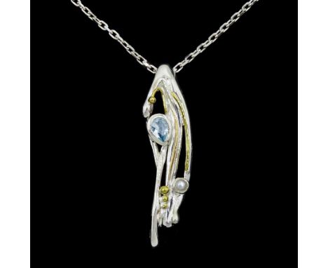 Silver and 14ct gold wire blue topaz and pearl pendant necklace, stamped 925Condition Report:Pendant length = 45mm, good cond