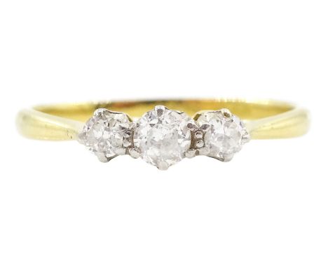 Early 20th century gold three stone old cut diamond ring, stamped 18ct Plat, total diamond weight approx 0.25 caratCondition 