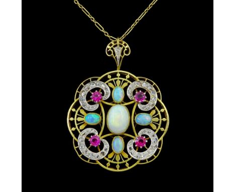 Early 20th century 18ct gold opal, ruby and rose cut diamond openwork pendant, French import mark, on a French 18ct gold fanc