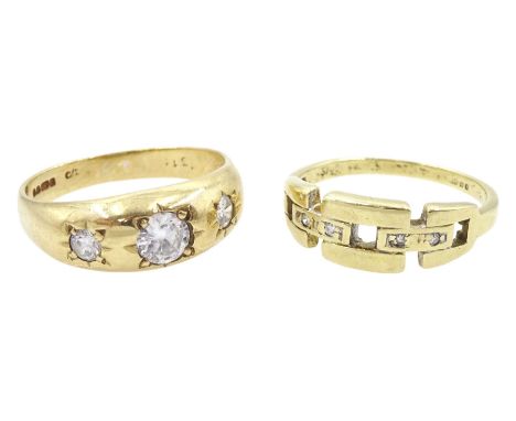 Gold four stone diamond chain link design ring and a gold gypsy set three stone cubic zirconia ring, both hallmarked 9ctCondi