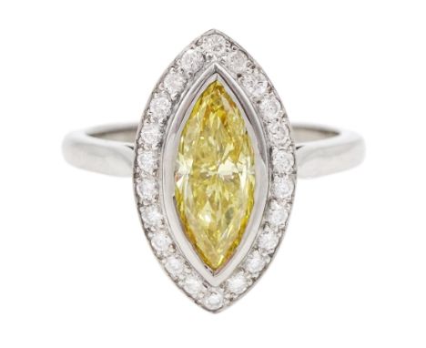 18ct white gold marquise cut, fancy intense orange / yellow diamond and round brilliant cut white diamond cluster ring, Londo