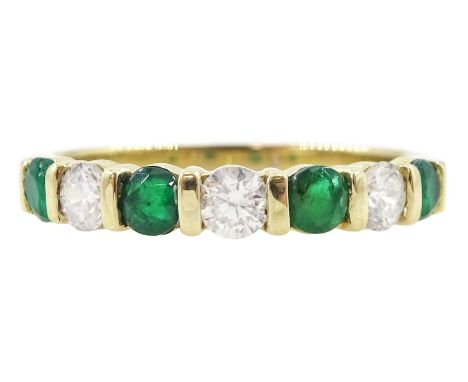 Gold emerald and round brilliant cut diamond half eternity ring, hallmarked 9ct, total diamond weight 0.45 caratCondition Rep