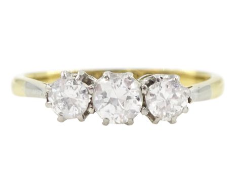 Mid 20th century three stone transitional cut diamond ring, stamped 18ct Plat, total diamond weight approx 0.50 caratConditio
