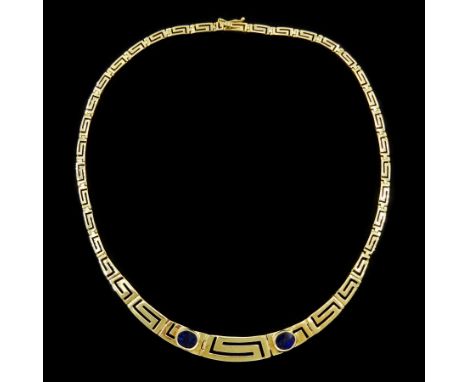 14ct gold two stone lapis lazuli graduating Greek key link chain necklace, stamped 585Condition Report:Approx 21.85gm, length
