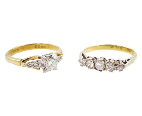 Early 20th century gold five stone old cut diamond ring, stamped 18ct Plat and a later 18ct gold single stone round brilliant