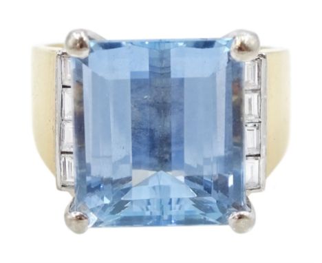 14ct gold aquamarine and diamond ring, emerald cut aquamarine with four baguette cut diamonds set either side, stamped 14K 58