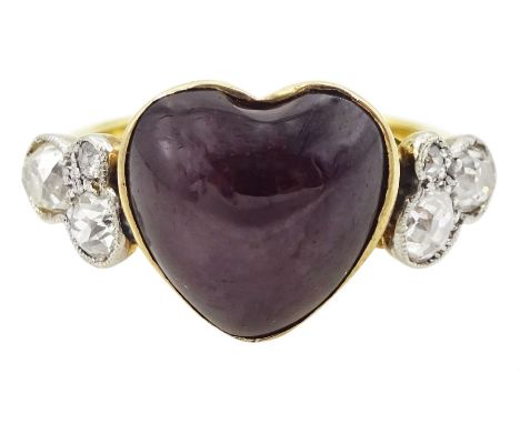 Early 20th century gold heart cut garnet and six stone old cut diamond ring, stamped 18ct, total diamond weight approx 0.50 c