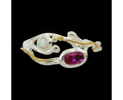 Silver and 14ct gold wire ruby and opal ring, stamped 925 Condition Report:Size O-P, max depth = 9mm, good condition