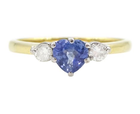 18ct gold three stone heart shaped sapphire and round brilliant cut diamond ring, London 1990, sapphire approx 0.45 carat, to