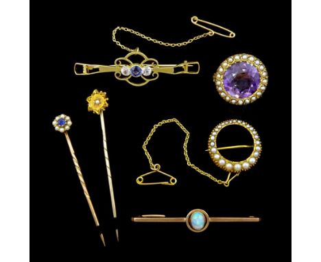 Victorian and later gold jewellery including amethyst and seed pearl brooch, graduating seed pearl circular brooch and an opa
