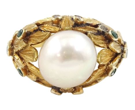 Portuguese 19ct gold pearl, emerald and diamond ring, the single stone cultured white / pink pearl, with leaf design surround