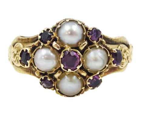 Victorian gold split pearl and purple stone set cluster ring, the shank with engraved foliate decorationCondition Report:Appr