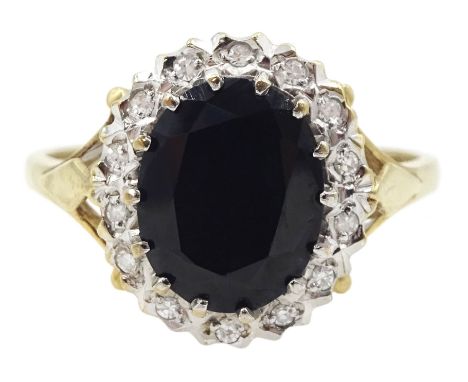 9ct gold oval cut sapphire and diamond cluster ring, hallmarkedCondition Report:Approx 3.35gm, size R-S, overall head = 14mm 