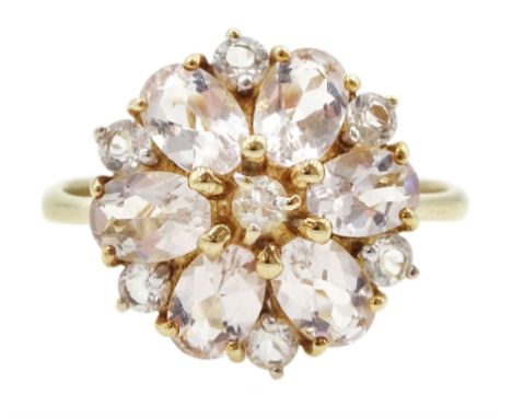9ct gold oval cut morganite and round cut white topaz cluster ring, hallmarked, total morganite weight approx 2.00 caratCondi