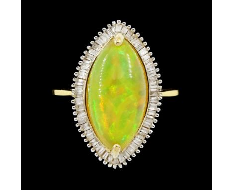 9ct gold marquise cut opal and baguette cut diamond cluster ring, hallmarkedCondition Report:Approx 3.15gm, size P-Q, overall
