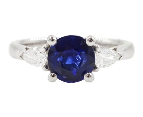 18ct white gold three stone round cut sapphire and pear cut diamond ring, hallmarked, sapphire approx 1.50 caratCondition Rep
