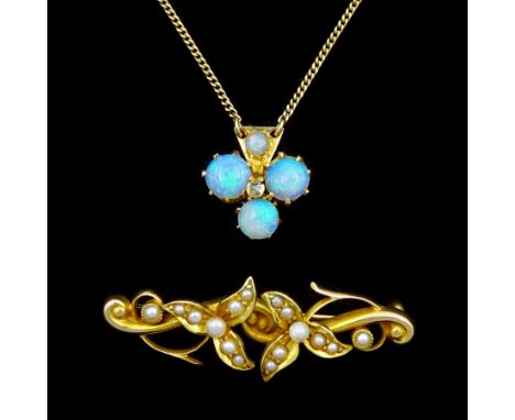 Gold opal and old cut diamond three leaf clover pendant necklace and an Edwardian gold seed pearl ivy leaf brooch, stamped 15